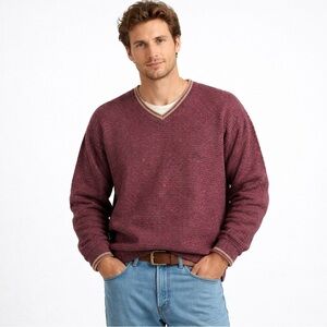 Vintage 90s L.L. Bean Sweater Men’s V-Neck Waffle Knit XL Tall Maroon Wool Blend